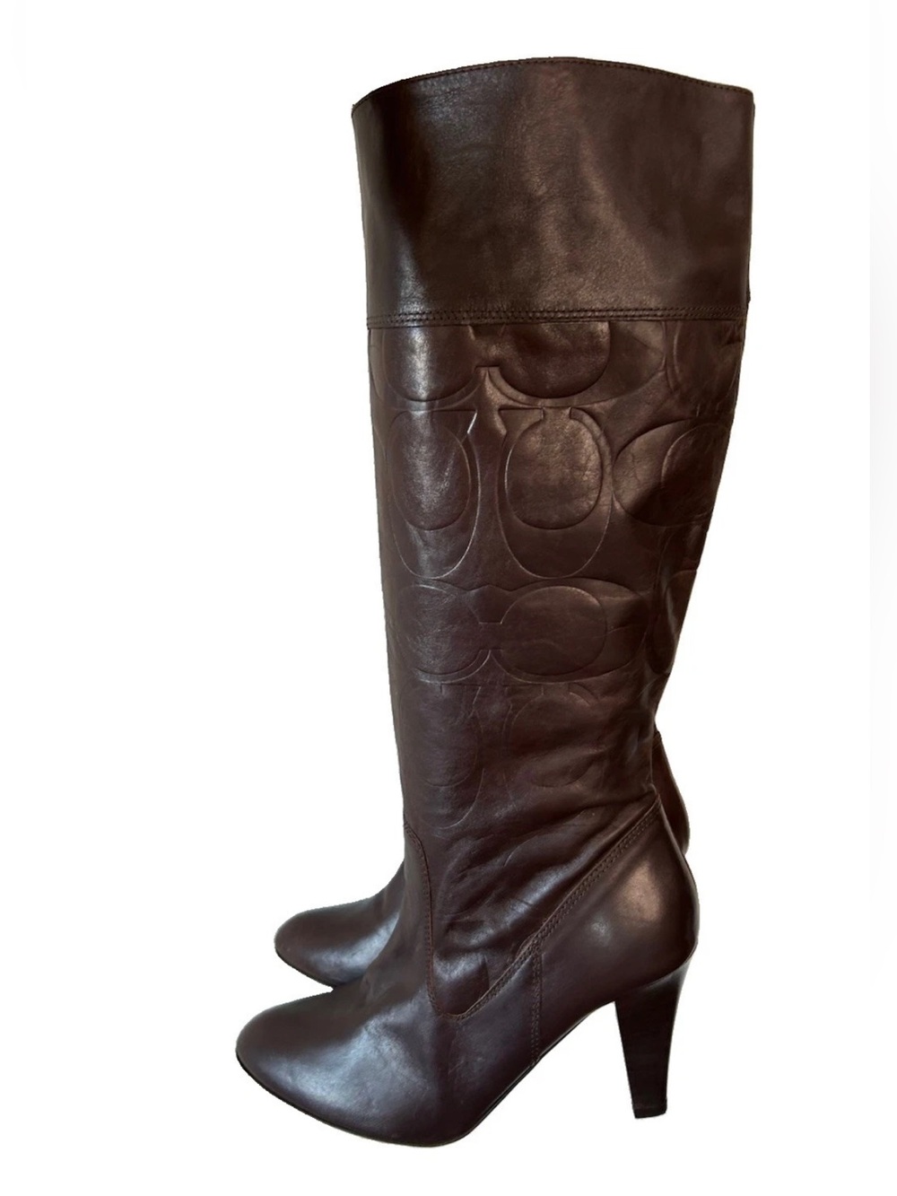 Vintage Coach Millie Monogram Brown Leather Knee High Boots Y2K Heeled 8 Italy